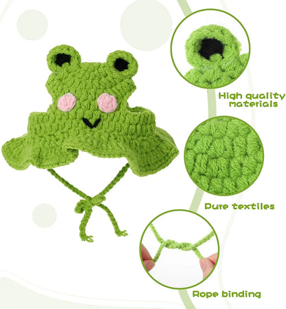 4PCS Handmade Knitted Cartoon Pet Hats for Small Cats & Puppies, Soft Polyester Frog/Cat/Puppy Shaped Costume Headwear for Halloween, Birthday Party, Daily Wear, Cartoon Hats
