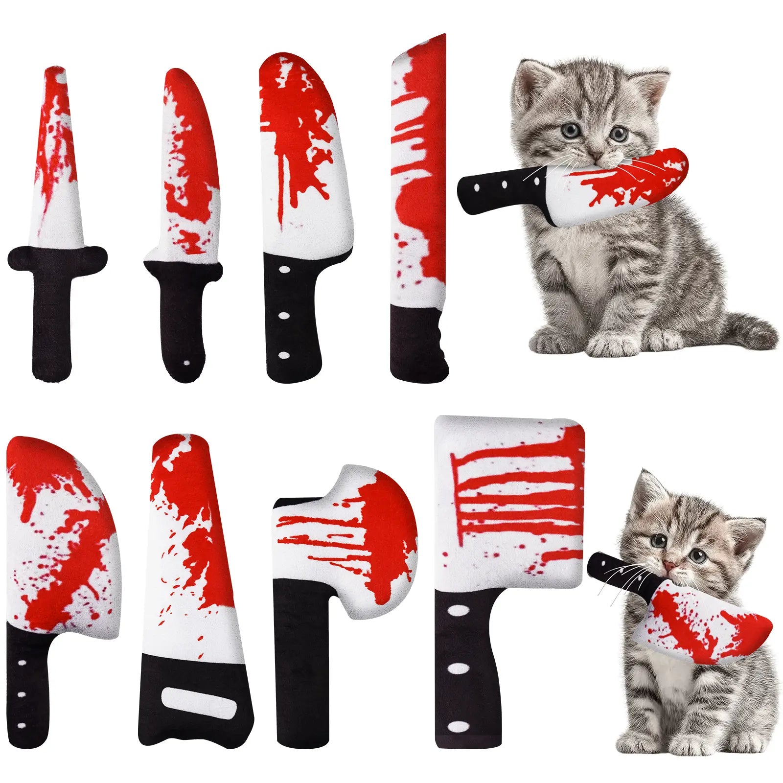 Zoozoo 8PCS Halloween Cat Catnip Toys Set for Cats & Kittens, Assorted Shapes Plush with Crinkle Paper, Durable Bite-Resistant Fabric, Interactive Play for Battling, Biting, Chasing (Knives)