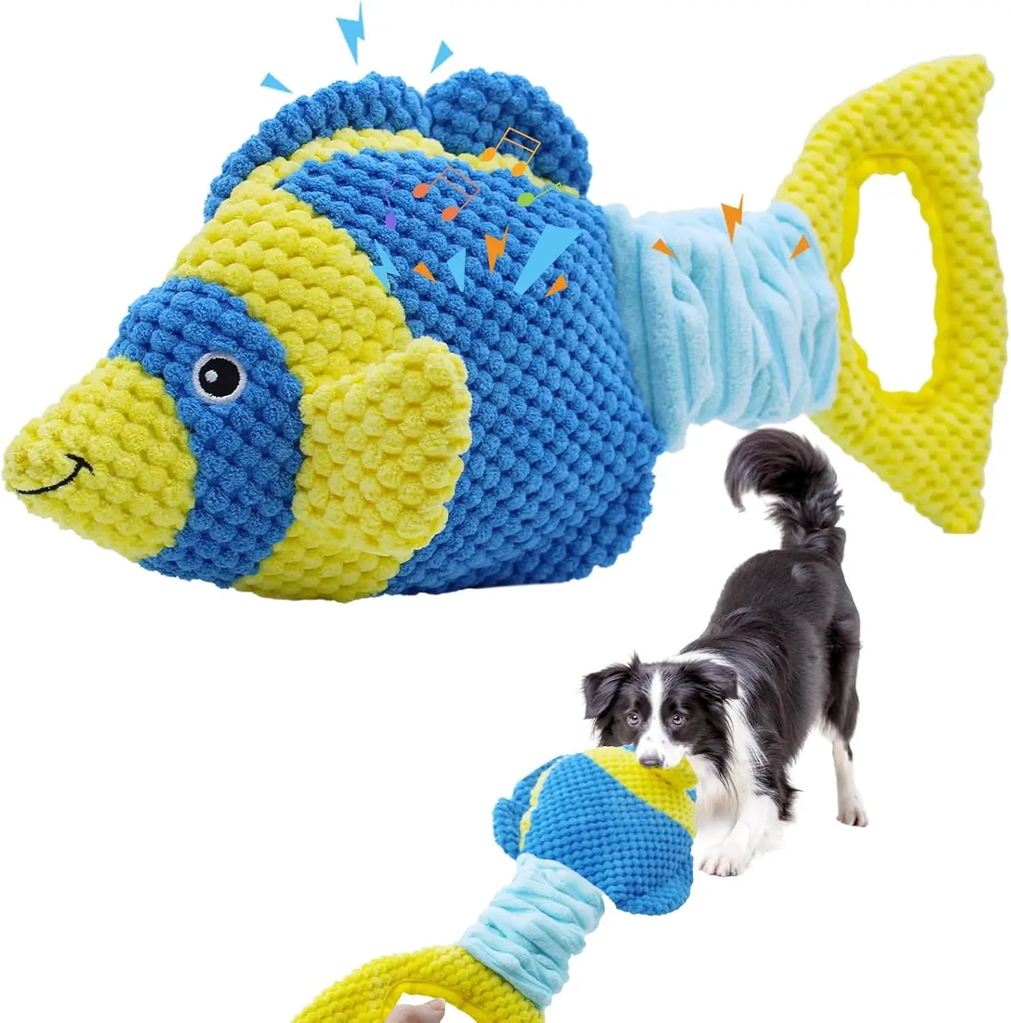 Tug of War Dog Toy, Squeaky Dog Toys for Aggressive Chewers, Interactive Fish Puppy Toys with Crinkle Paper to Keep Them Busy