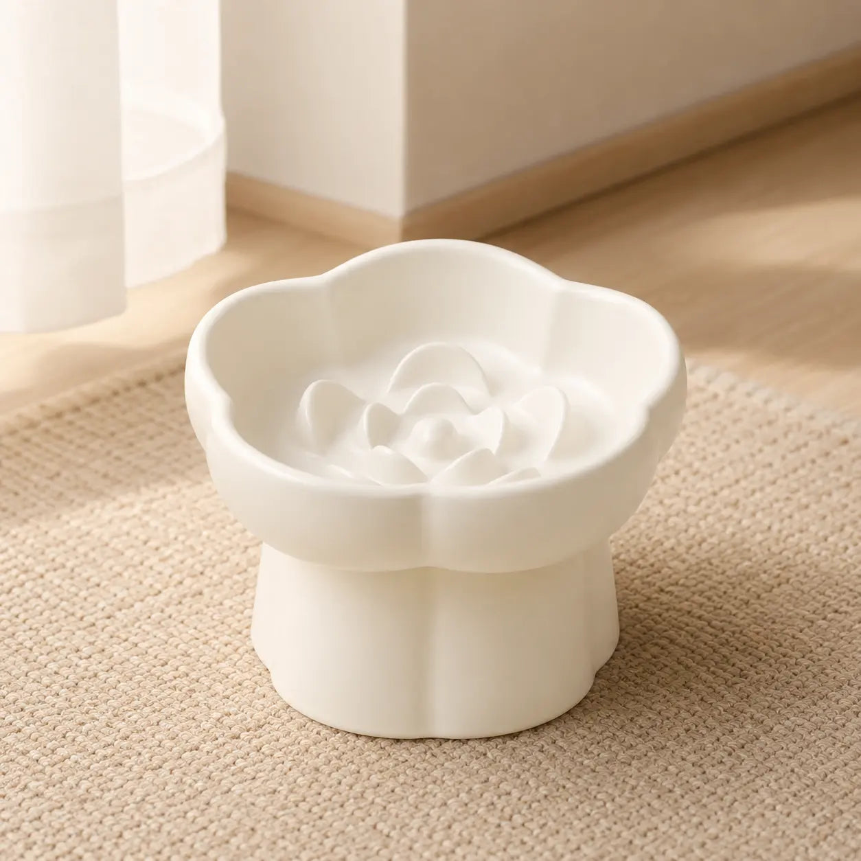 Ceramic Slow Feeder Cat Bowl, Flower-Shaped 6X Slow Eating Design, Elevated Tilted Bowl for Whisker Relief, Helps Reduce Vomiting & Bloating, Non-Slip Base