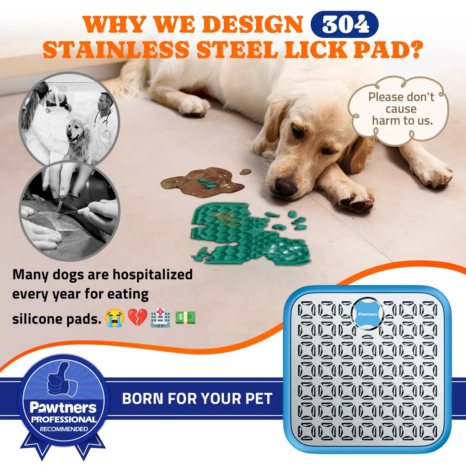 Pawtners Stainless Steel Dog Lick Mat - Large Slow Feeder Anti-Slip Feeding Mat, Stress-Reducing Anxiety Aid, No-Spill Pad for Liquid Treats (Bone Broth, Yogurt), Post-Op Care Calming Accessory with Spatula & Brush, Anti-Slip Feeding Mats