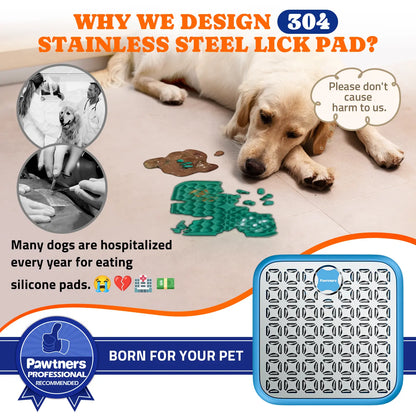 Pawtners Stainless Steel Dog Lick Mat - Large Slow Feeder Anti-Slip Feeding Mat, Stress-Reducing Anxiety Aid, No-Spill Pad for Liquid Treats (Bone Broth, Yogurt), Post-Op Care Calming Accessory with Spatula & Brush, Anti-Slip Feeding Mats