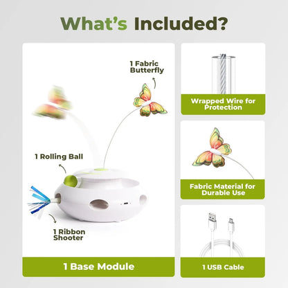 Exciting 3-in-1 Motion Activated Cat Toy with Spinning Butterfly, Rolling Ball & Shooting Ribbon - Rechargeable & Safe for Interactive Kitten Fun!