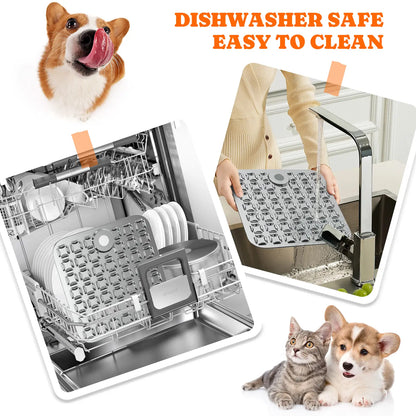 Pawtners Stainless Steel Dog Lick Mat - Large Slow Feeder Anti-Slip Feeding Mat, Stress-Reducing Anxiety Aid, No-Spill Pad for Liquid Treats (Bone Broth, Yogurt), Post-Op Care Calming Accessory with Spatula & Brush, Anti-Slip Feeding Mats