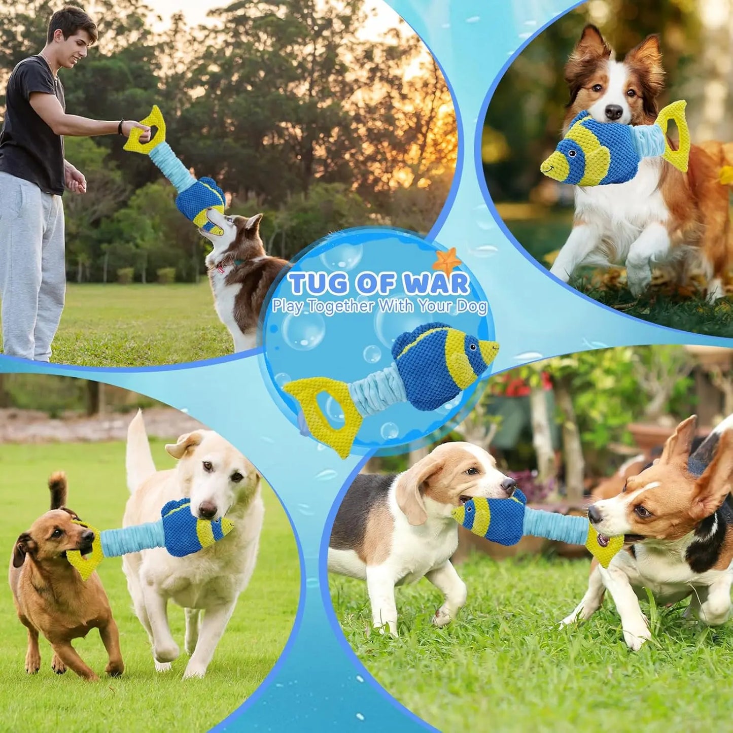 Tug of War Dog Toy, Squeaky Dog Toys for Aggressive Chewers, Interactive Fish Puppy Toys with Crinkle Paper to Keep Them Busy