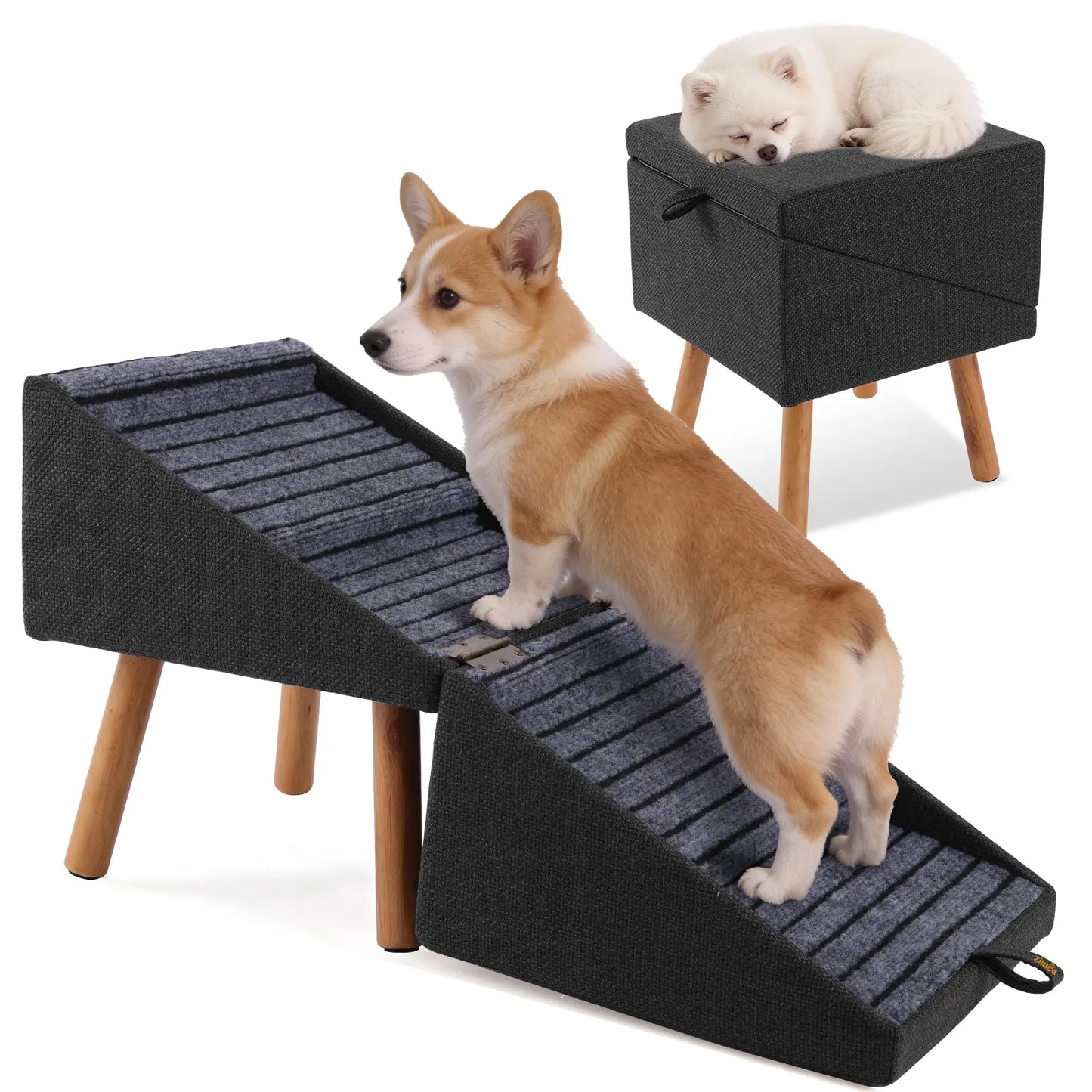 17.13" H Dog Stairs for Small Dogs, Escaleras Para Perros, 2-In-1 Pet Steps & Ottoman - Foldable Dog Stairs for Couch, Non-Slip Wooden Pet Stairs for Puppy Senior Injured Dogs