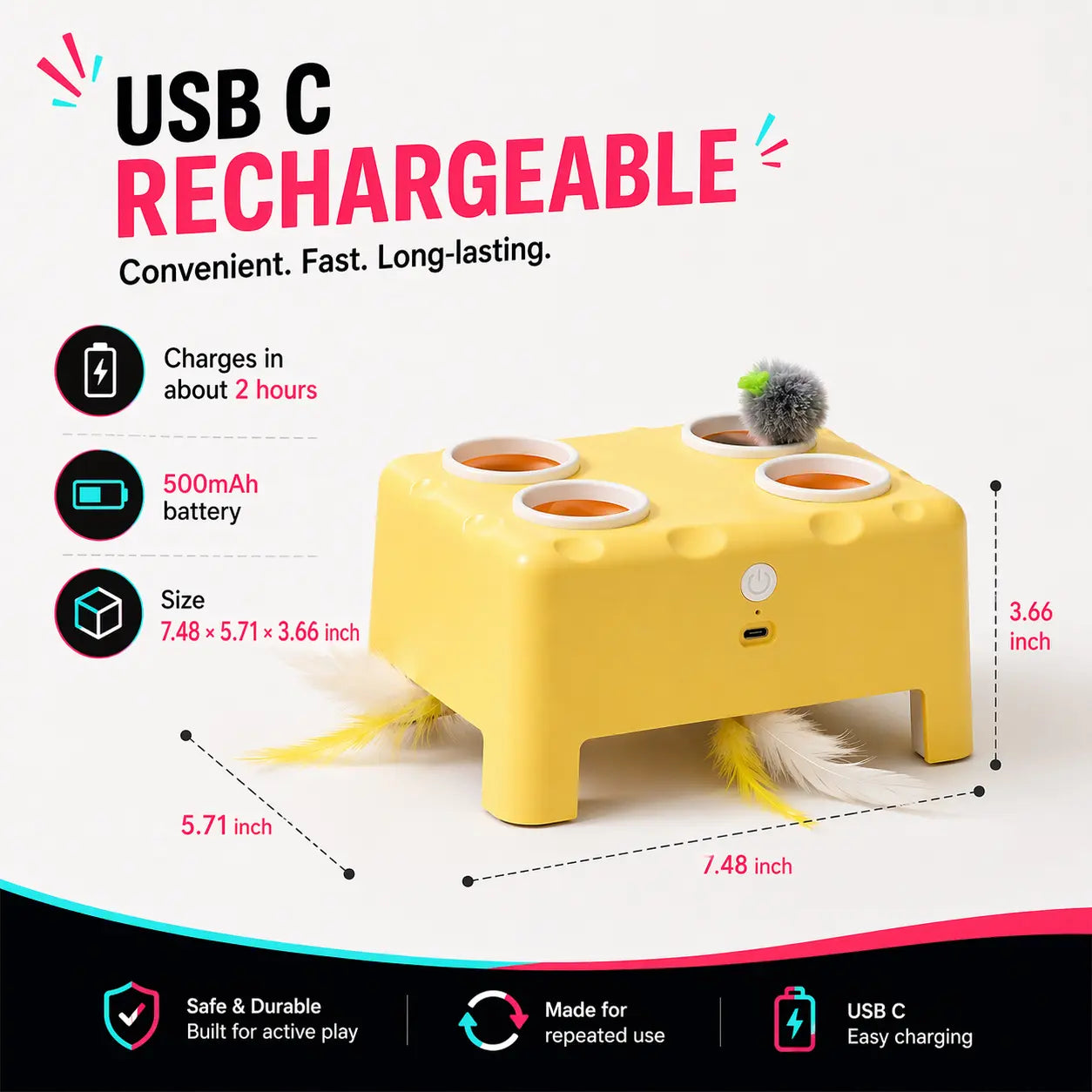 2-In-1 Interactive Cat Toy: Automatic Whack-A-Mole & Rotating Feather Teaser, 3 Play Modes, Non-Slip Weighted Base, Smart Auto Shut-Off, USB-C Rechargeable, Cat Enrichment for Bored & Picky Indoor Cats