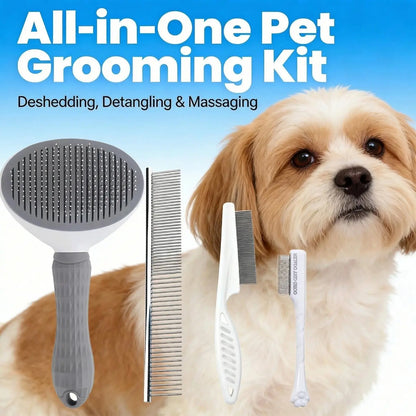 4PCS Pet Groomer Tools Shedding Grooming Kit - Self-Cleaning Slicker Brush, Dual-Sided Stainless Steel Dematting Comb, Tear Stain Comb, Fur Removal Tool for Long/Short Hair Dogs & Cats - Fur-Free Home Supplies, Grooming Supplies