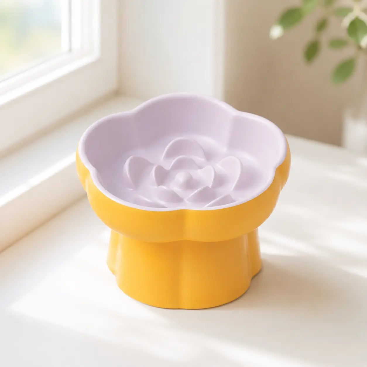 Ceramic Slow Feeder Cat Bowl, Flower-Shaped 6X Slow Eating Design, Elevated Tilted Bowl for Whisker Relief, Helps Reduce Vomiting & Bloating, Non-Slip Base