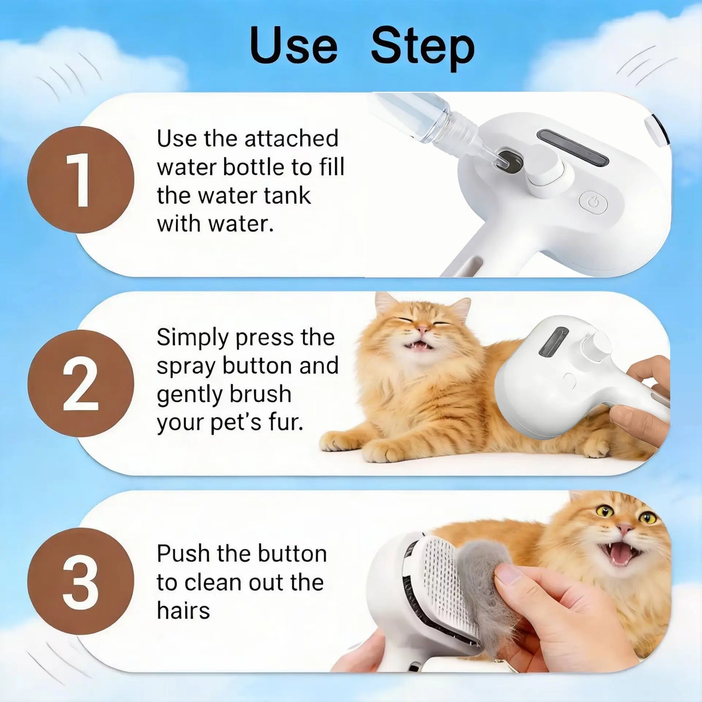 Upgraded Steam Cat Brush, 3-In-1 Self-Cleaning Spray Pet Brush for Cats & Dogs, Skin-Safe Deshedding & Grooming Tool for Long & Short-Haired Pets