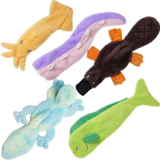 Nocciola 5 PCS Colorful Wildlife Series Crinkle Dog Toys, No Stuffing Squeaky Dog Toys for Tug of War, Salamander Squid Octopus Mahi Mahi Platypus Toy for Small to Large Dogs, Toybox Canine