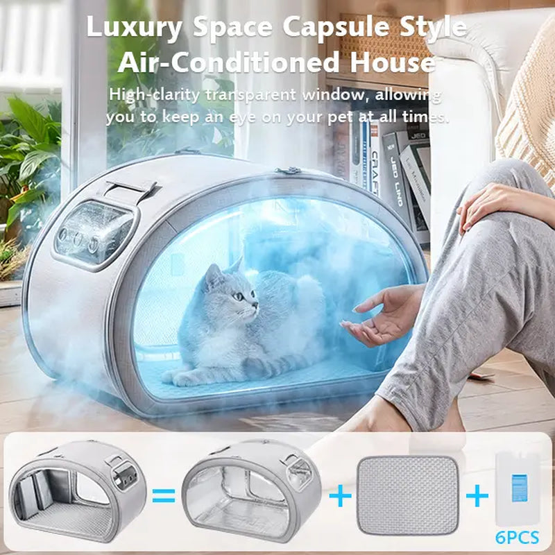 Pecute Pet Cooling House - Portable Bubble View Pod with Detachable Cooling Blanket, Full-View Window, Insulated Wall, Fiberglass Rods, No-Assembly Design, All-Season, Folds Flat for Small Dogs/Cats (Indoor & Travel Use)