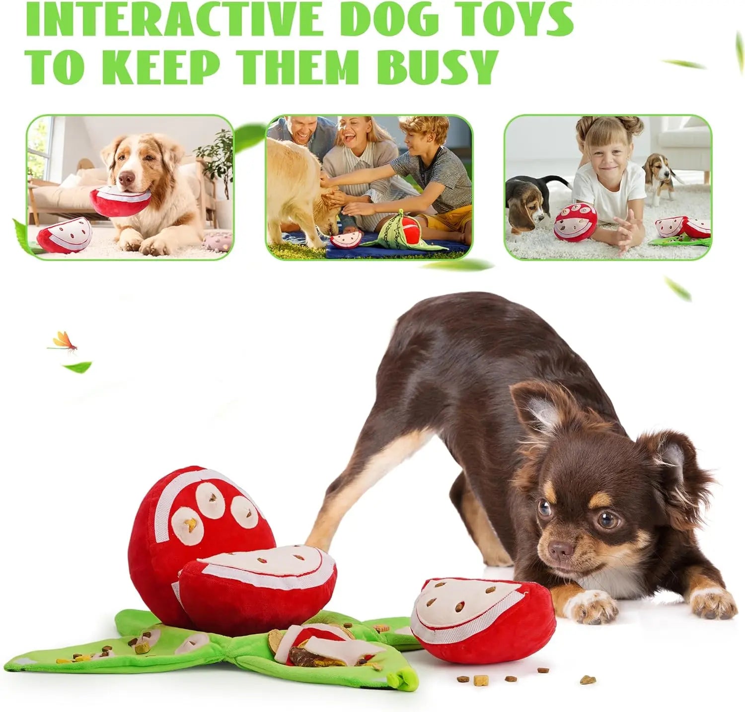 Nocciola 4-In-1 Watermelon Dog Enrichment Toys, 3 Squeaky Slices with a Rind Snuffle Mat for Treats Hunting Fun, Hide and Seek Puzzle Toy for All Breeds Interactive Chew