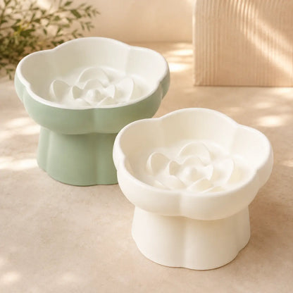 Ceramic Slow Feeder Cat Bowl, Flower-Shaped 6X Slow Eating Design, Elevated Tilted Bowl for Whisker Relief, Helps Reduce Vomiting & Bloating, Non-Slip Base