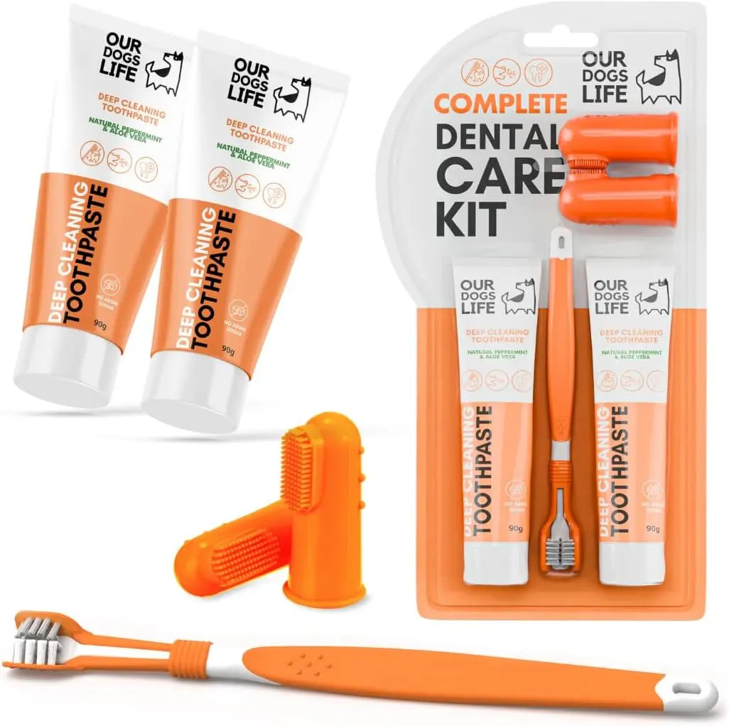 Dog Tooth Brushing Kit Five-Piece Set with Toothbrush, Toothpaste & Finger Brushes - Pet Oral Care - 1 Triple-Head Deep Cleaning Dog Toothbrush, Two 100% Natural 90G Toothpastes, Two Finger Brushes - Freshens Breath, Removes Plaque