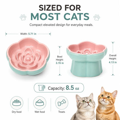 Ceramic Slow Feeder Cat Bowl, Flower-Shaped 6X Slow Eating Design, Elevated Tilted Bowl for Whisker Relief, Helps Reduce Vomiting & Bloating, Non-Slip Base