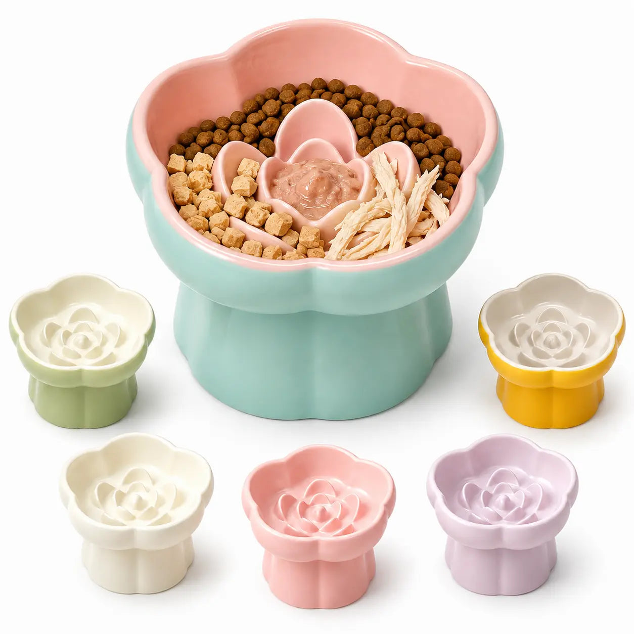 Ceramic Slow Feeder Cat Bowl, Flower-Shaped 6X Slow Eating Design, Elevated Tilted Bowl for Whisker Relief, Helps Reduce Vomiting & Bloating, Non-Slip Base