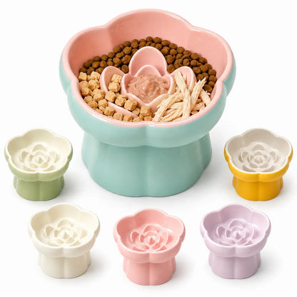 Ceramic Slow Feeder Cat Bowl, Flower-Shaped 6X Slow Eating Design, Elevated Tilted Bowl for Whisker Relief, Helps Reduce Vomiting & Bloating, Non-Slip Base