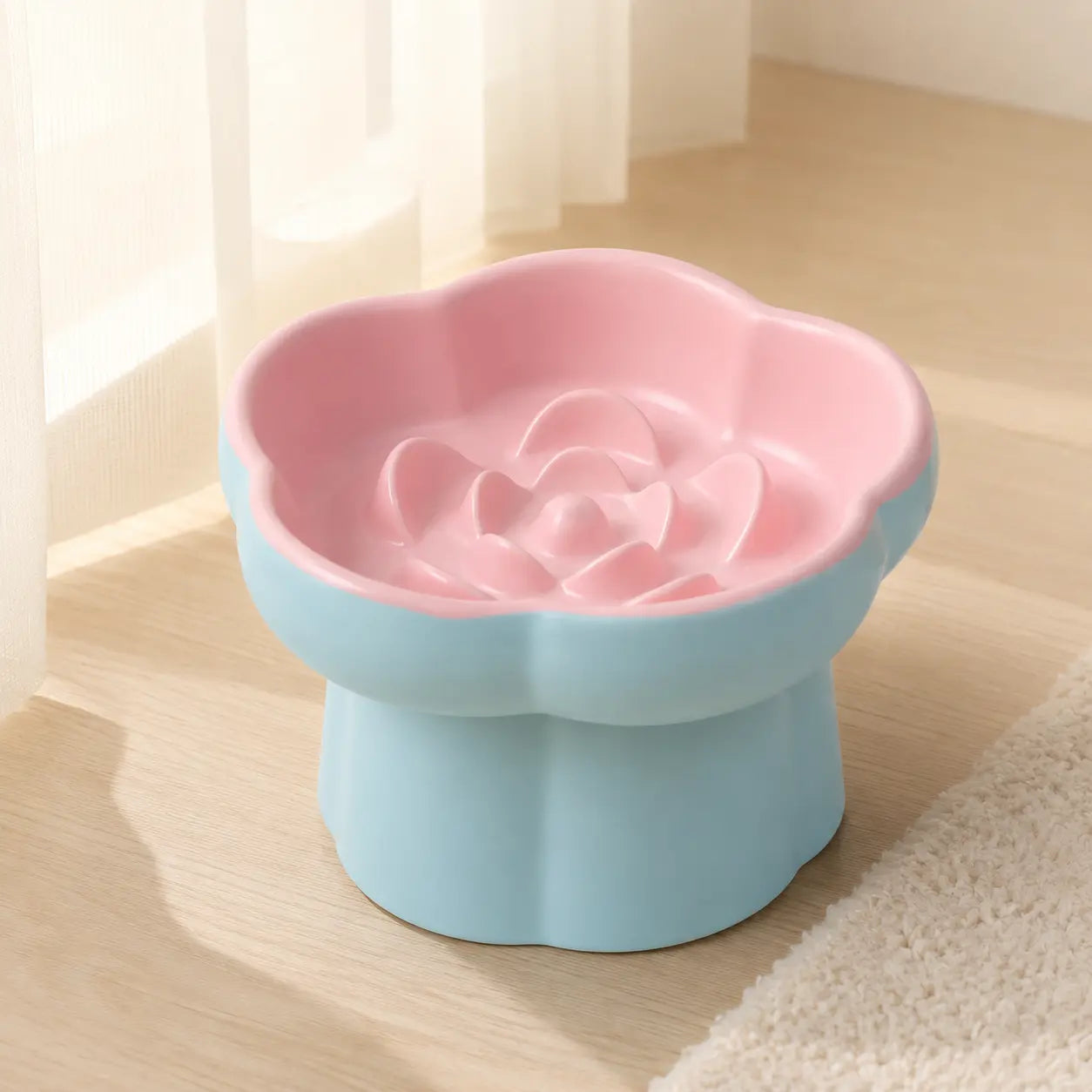 Ceramic Slow Feeder Cat Bowl, Flower-Shaped 6X Slow Eating Design, Elevated Tilted Bowl for Whisker Relief, Helps Reduce Vomiting & Bloating, Non-Slip Base