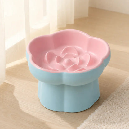 Ceramic Slow Feeder Cat Bowl, Flower-Shaped 6X Slow Eating Design, Elevated Tilted Bowl for Whisker Relief, Helps Reduce Vomiting & Bloating, Non-Slip Base