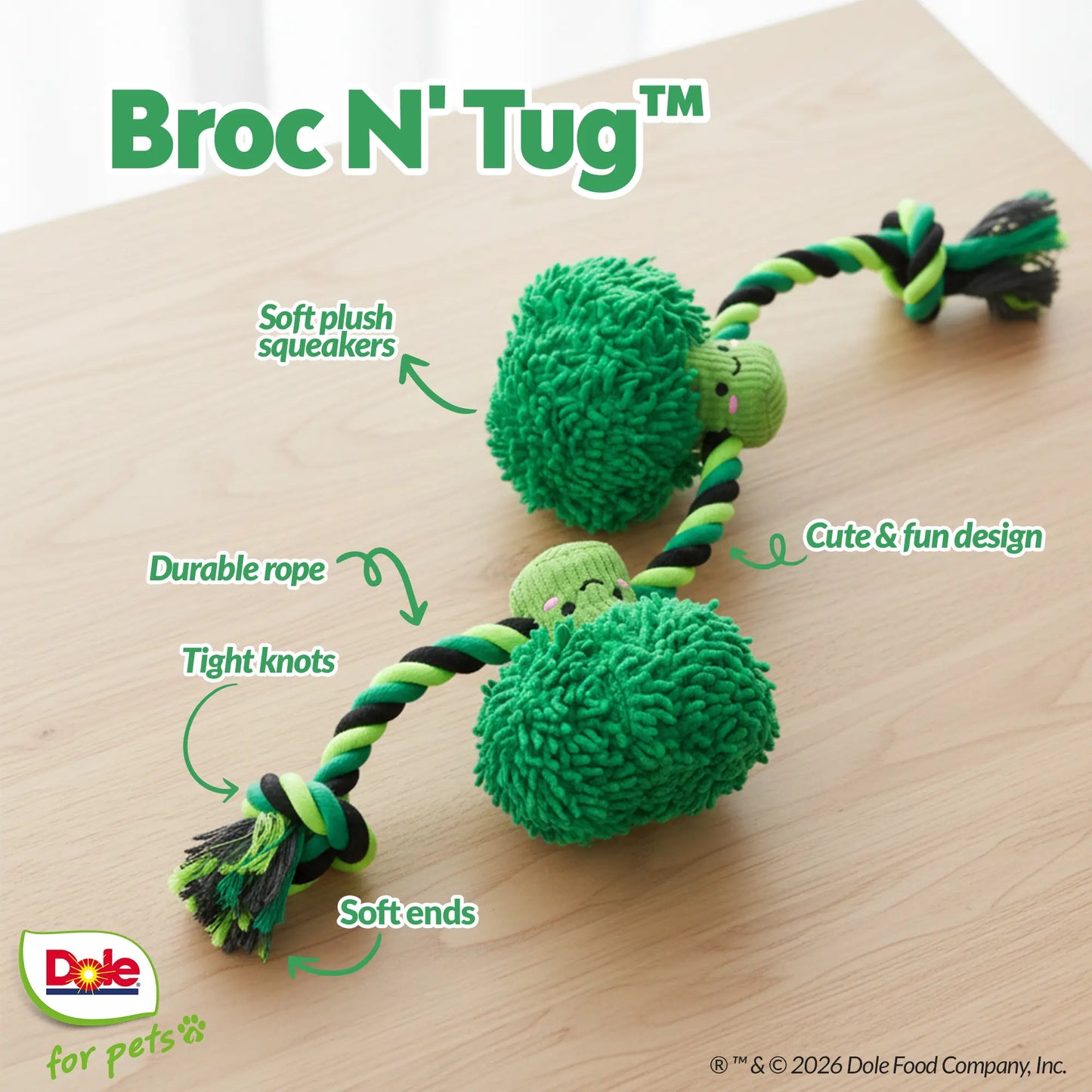 Dole for Pets Broccoli Dog Rope Toy with Squeaker, Tug of War Dog Toy- Cute Veggie Design