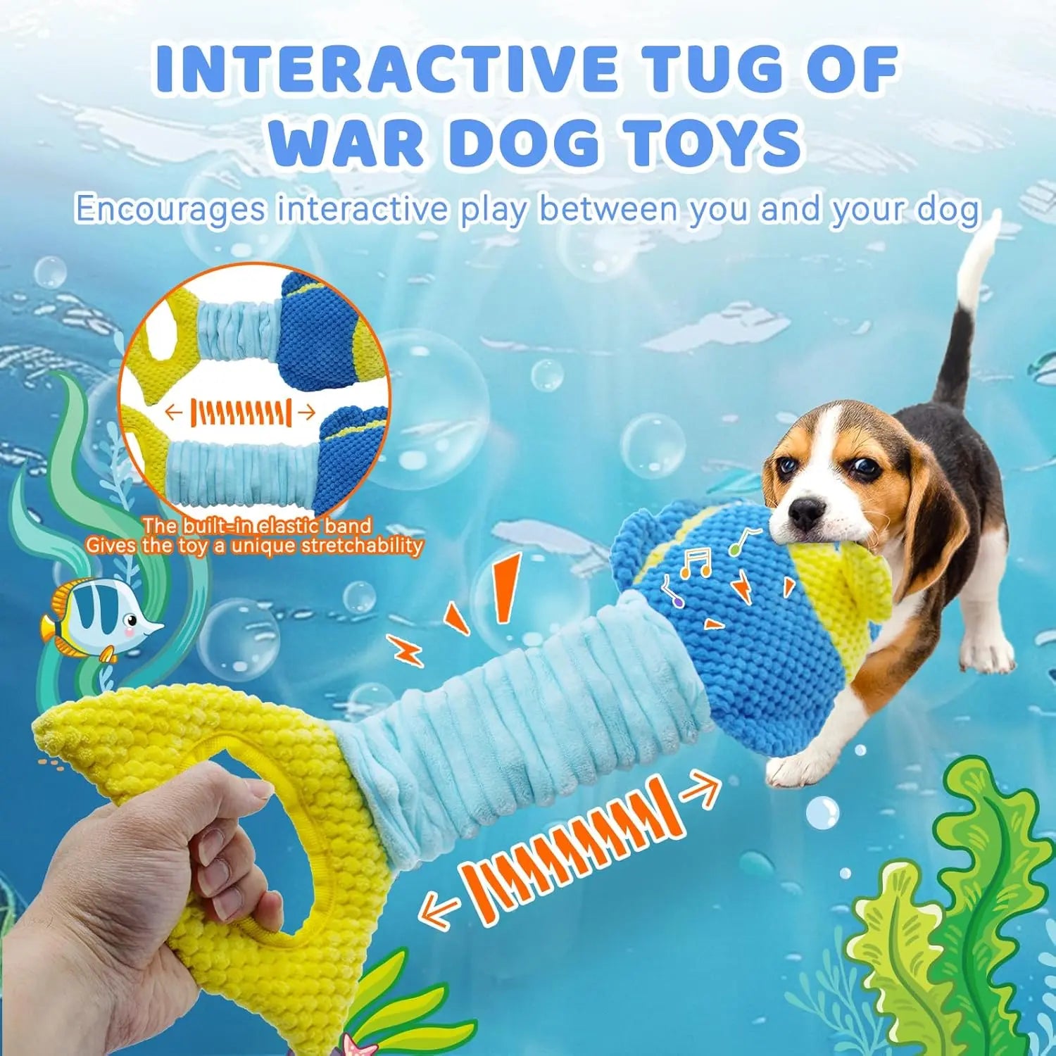 Tug of War Dog Toy, Squeaky Dog Toys for Aggressive Chewers, Interactive Fish Puppy Toys with Crinkle Paper to Keep Them Busy
