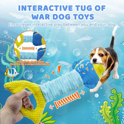 Tug of War Dog Toy, Squeaky Dog Toys for Aggressive Chewers, Interactive Fish Puppy Toys with Crinkle Paper to Keep Them Busy