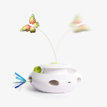 Exciting 3-in-1 Motion Activated Cat Toy with Spinning Butterfly, Rolling Ball & Shooting Ribbon - Rechargeable & Safe for Interactive Kitten Fun!