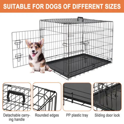 Zeny 36L X 23W X 25H Inches Collapsible Steel Wire Dog Crate - Double Door Small Pet Travel Kennel with Secure Latch, Easy Cleaning Tray, 15.98Lbs, Indoor/Outdoor Use, Black